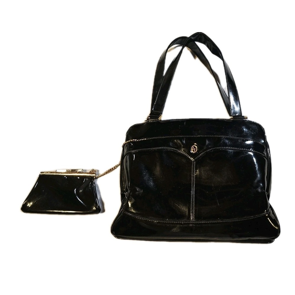 Vintage Lou Taylor Black Leather Purse W/Built In Swivel Mirror & Coin Purse